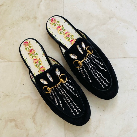 $1140 Gucci Made in Italy Princetown Black Velvet Marquise Crystal Slides Mules - Picture 1 of 11
